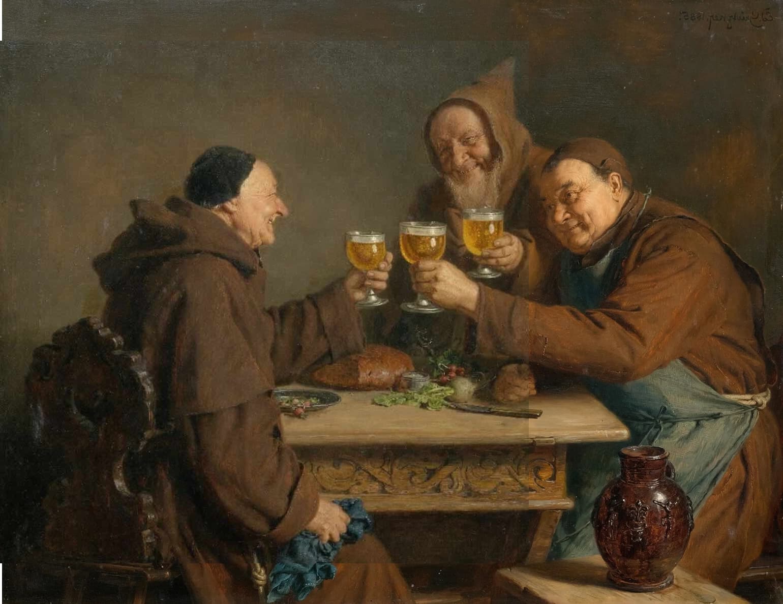 Three Monks at mealtime drinking mead; Modified version of an 1885 original painting by Eduard von Grützner